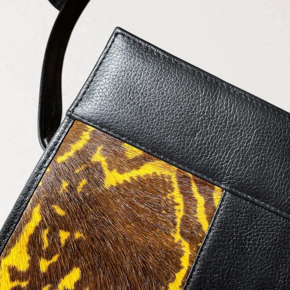 Kyu By Kesi Black Yellow Leather Crossbody Bag Faux Fur Snakeskin Clutch Purse - Picture 6 of 11